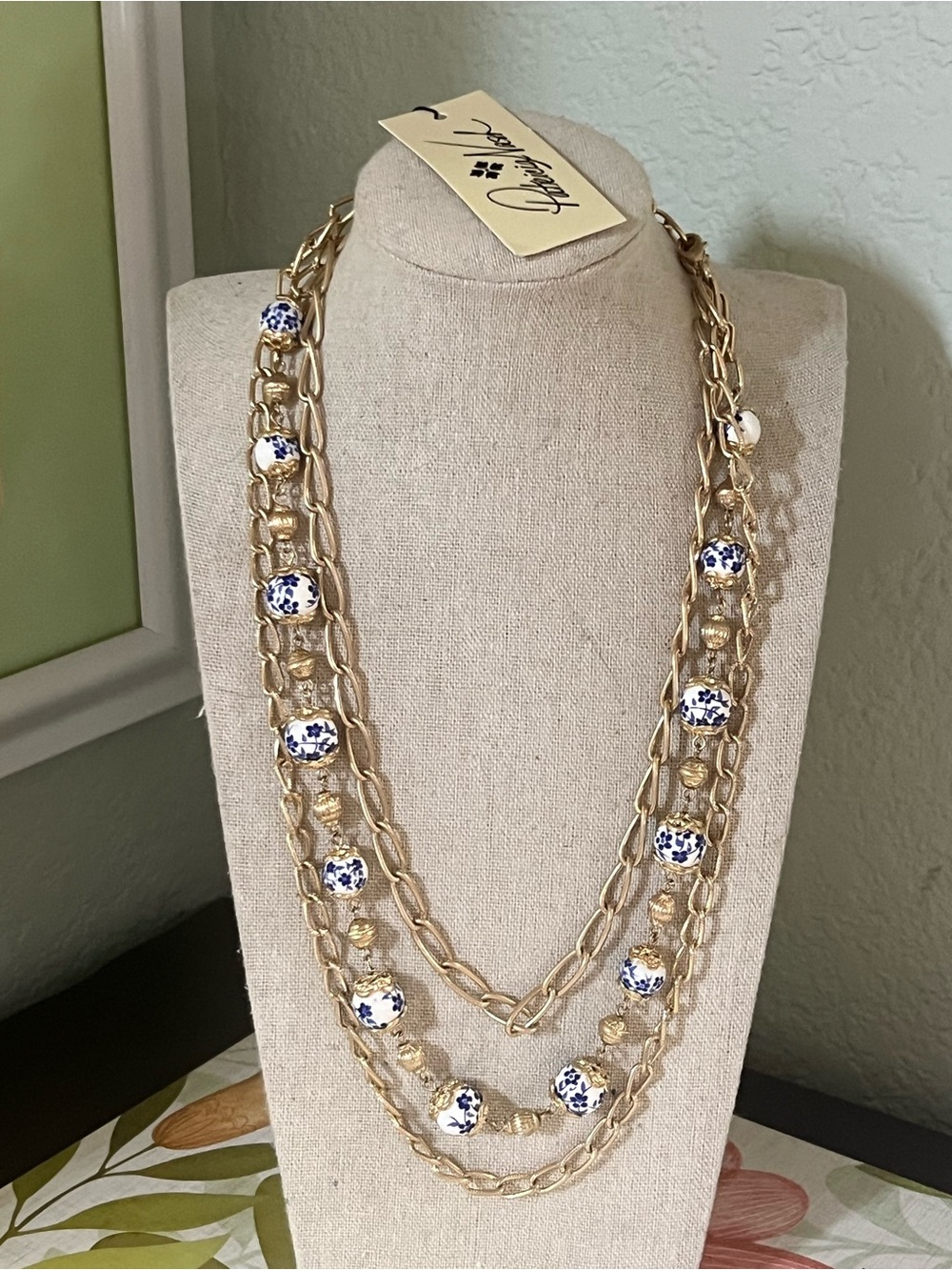 NWT. Patricia Nash Gold Multi-Strand Necklace with Blue & White Beads #PNNK